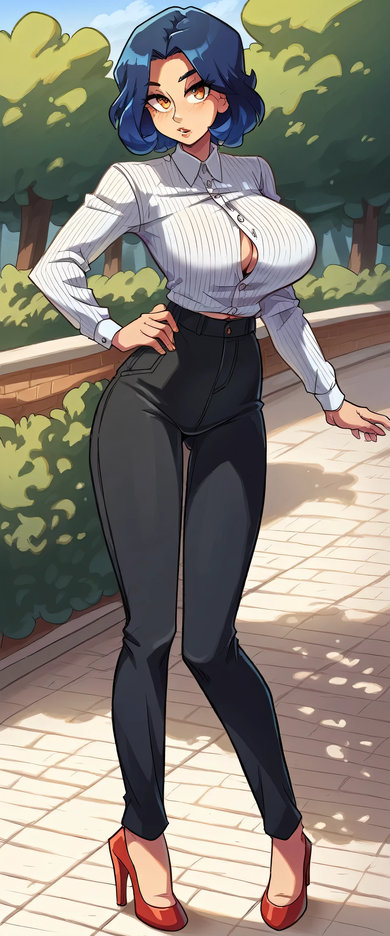 A beautiful woman, cute, attractive, beautiful, big breast, navy blue hair, short disheveled haircut, in front of her orange eye, dresses with a black striped button-down blouse, white stripes, shows her navel, wide black pants with red heels.