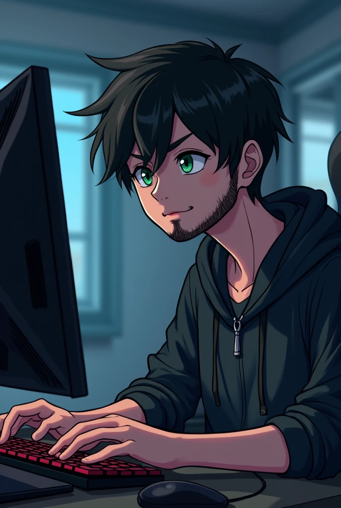 handsome boy with short black hair, medium beard, mustache, green eyes, nerd, gamer, in front a computer, anime style