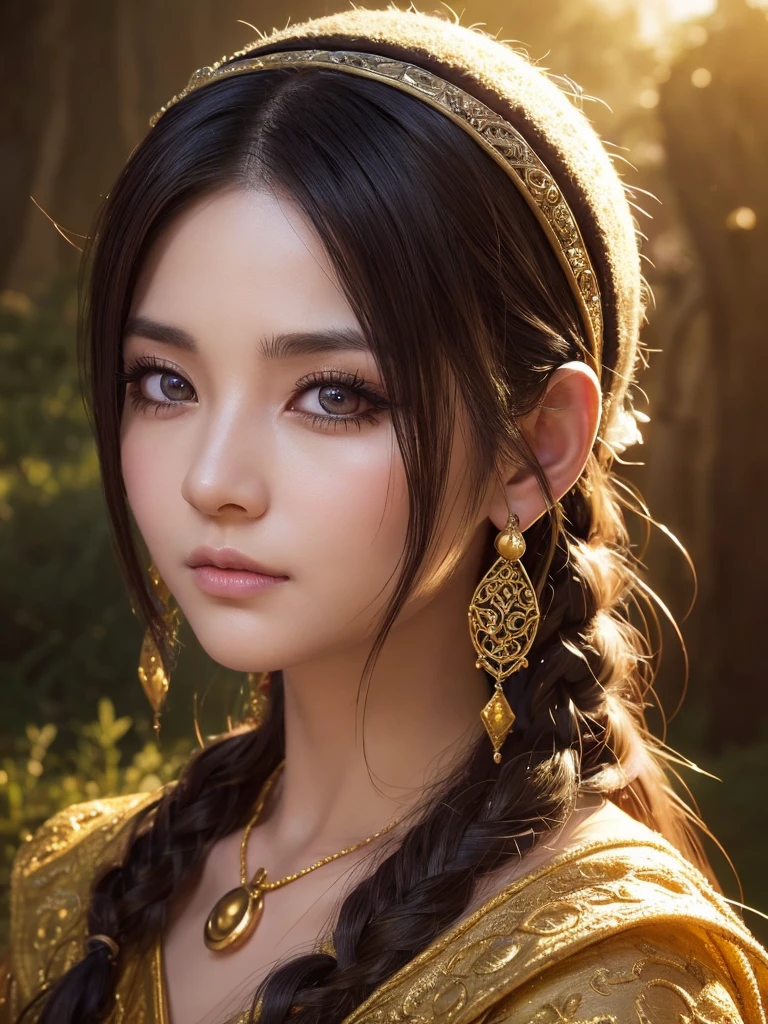 a detailed portrait of Minea the fortune teller from Dragon Quest IV, 1 japanese woman, beautiful detailed eyes, beautiful detailed lips, extremely detailed face and features, long eyelashes, intricate cosplay, alchemist costume, fantasy, JRPG, digital painting, cinematic lighting, dramatic pose, warm color palette, masterpiece, 8K, photorealistic, highly detailed, concept art style