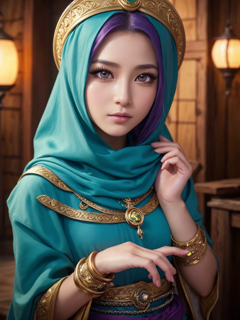 a detailed portrait of Minea the fortune teller from Dragon Quest IV, 1 japanese woman, beautiful detailed eyes, beautiful detailed lips, extremely detailed face and features, long eyelashes, intricate cosplay, alchemist costume, fantasy, JRPG, digital painting, cinematic lighting, dramatic pose, warm color palette, masterpiece, 8K, photorealistic, highly detailed, concept art style