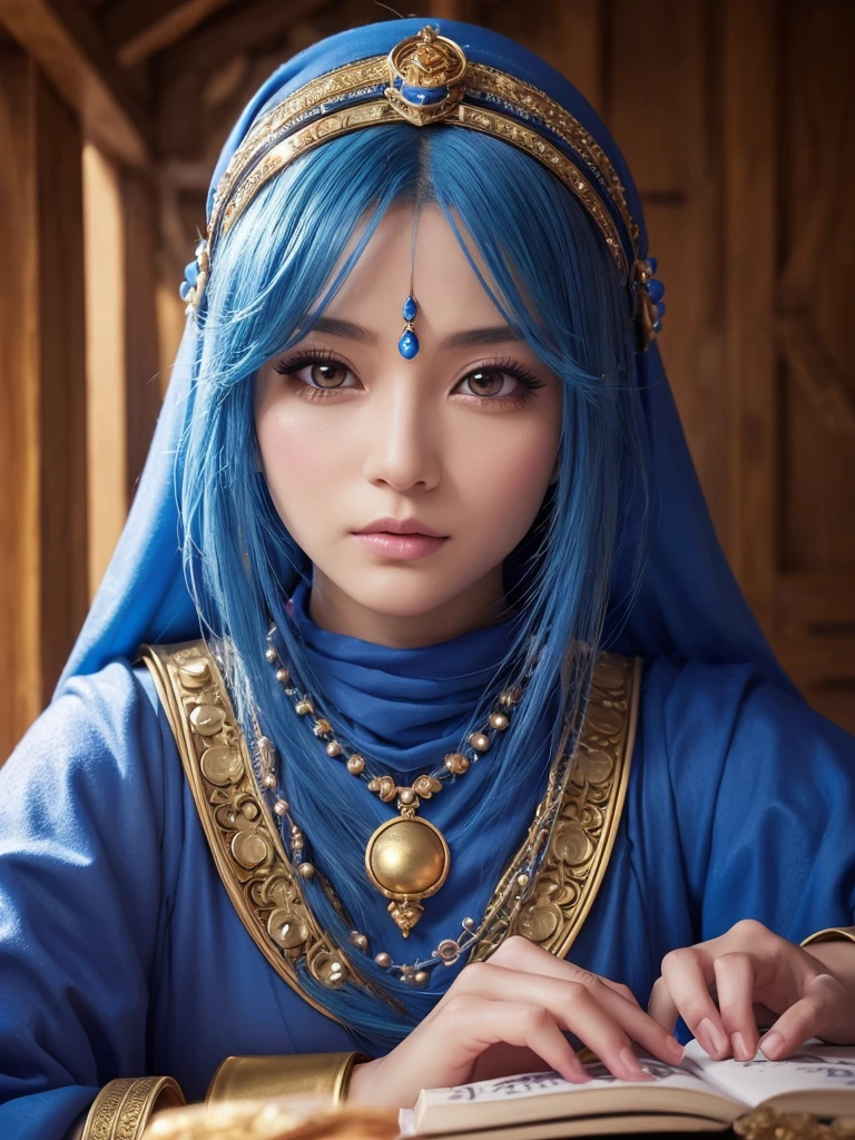 a detailed portrait of Minea the fortune teller from Dragon Quest IV, 1 japanese woman, beautiful detailed eyes, beautiful detailed lips, extremely detailed face and features, long eyelashes, intricate cosplay, alchemist costume, fantasy, JRPG, digital painting, cinematic lighting, dramatic pose, warm color palette, masterpiece, 8K, photorealistic, highly detailed, concept art style