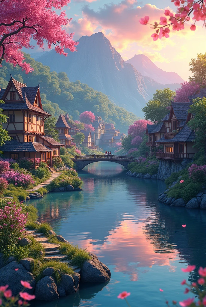 a small village by the river, mountains in the background, floral flowers colorful, detailed landscape, Beautiful natural landscapes, atmospheric lighting, scorching sunset, warm colours, practical, photopractical, Detailed Foliage, complex buildings, cobblestone street, Charming country house, swirly vibrant colors, lush vegetation, Still water reflections, Picturesque, idyllic, work of art, best qualityer, 8k, extremely detaild,anime styling