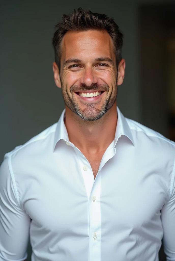 An American muscular entrepreneur wore the full hand white shirt and with confidence and little smiled face and toe shot photo without copyright.