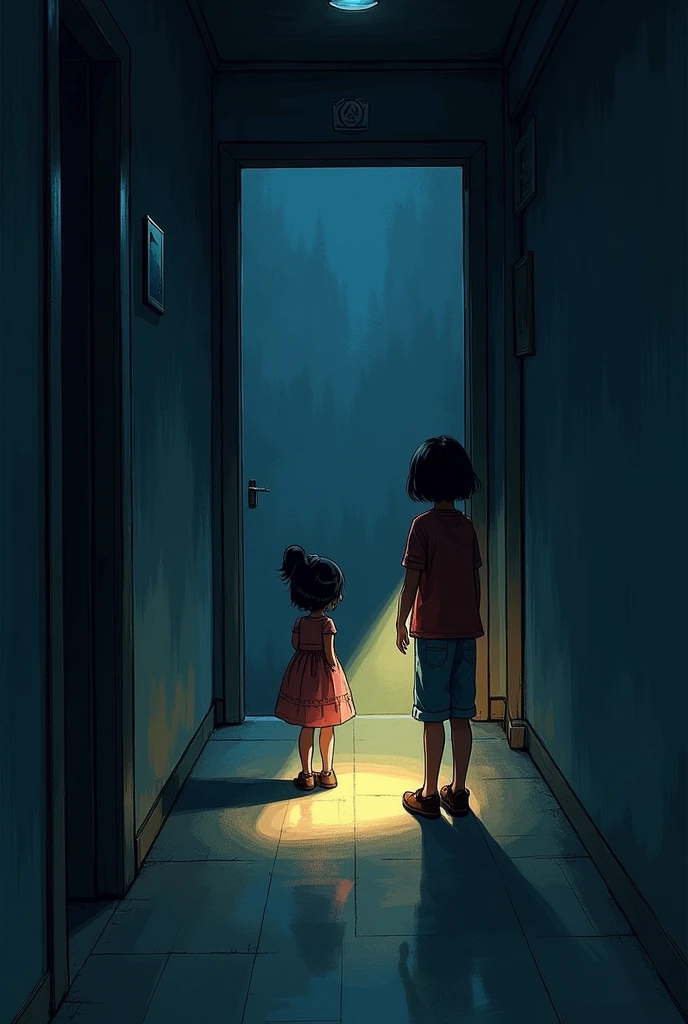 Sketch of a girl in a dark hallway shining a flashlight with her best friend in front of her

