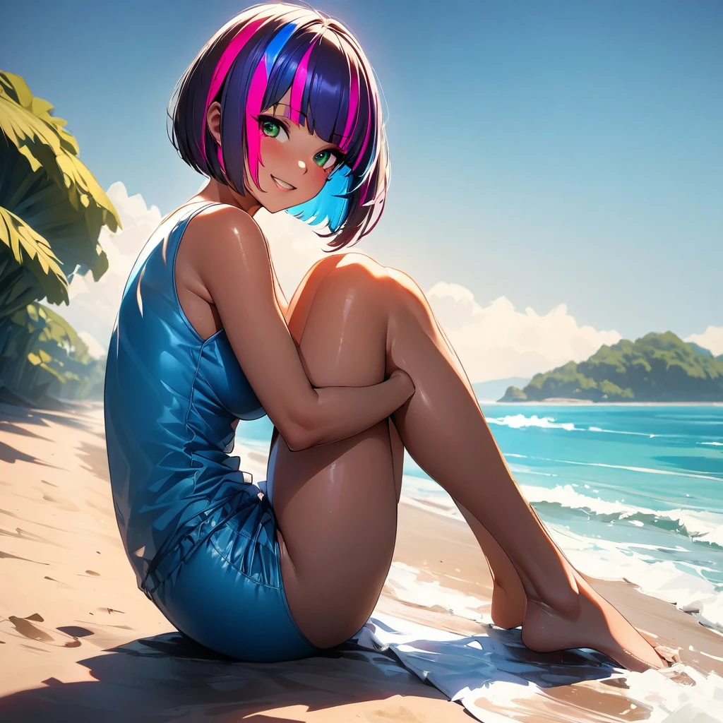 (highest quality:1.2, Very detailed, up to date, Vibrant, Ultra-high resolution, High Contrast, masterpiece:1.2, highest quality, Best aesthetics), Portraiture、girl、solo, (25-years-old:1), slim, heterrochromia, green eye, red eye, Bright colors、Beautiful fine details、Beautiful lip detail、extra short hair, ((bob cut:1.5))、pink and purple, ((streaked hair:1.9)), (highlights hair: 1.6), (monokini:1), (medium breast:0.7), (tan skin:0.5), (happy:1), tropical beach, blue sky, blue ocean, sunshine, (full body), sitting on beach, knees to chest, looking forward, from side,