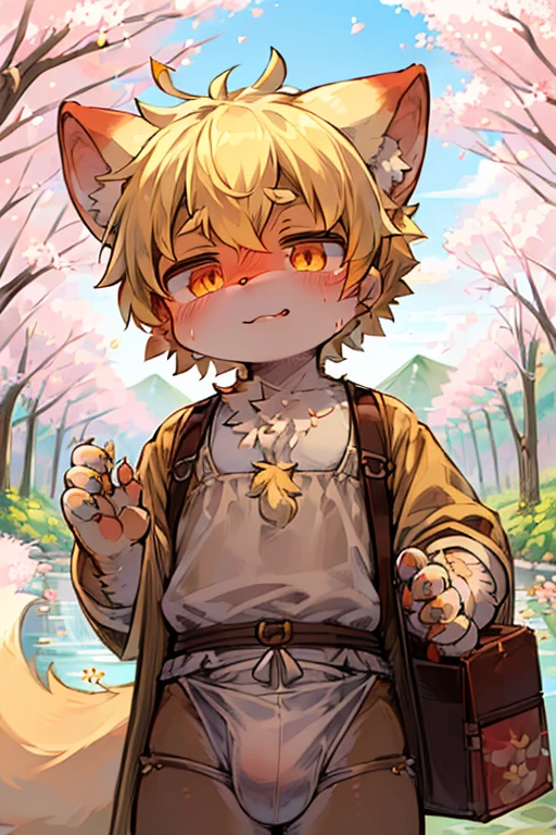 masterpiece,high quality,abstract res,number\(artwork\), From dagasi, Yes,Seizan,(Flower Charcoalo,Fluffy fur,character focus:1.1),Flower Charcoalo male cat,short hair,portrait , Bright eyes, panoramic, character focus.(Detailed background:0.7), solo, hairy, hairy male, Male focus, Masterpiece of time,high quality,abstract res,number\(artwork\), From dagasi, Yes,Seizan,(Flower Charcoalo,Fluffy fur,character focus:1.1),Human male fox,Bright eyes, panoramic, character focus.(Detailed background:0.6), solo, hairy, hairy male, Male focus, Flower Charcoal,(Hairy all over, Hairy tail)fur,A five-year-old boy,cute,Hip bulge,Toddler,Blood-red pupils,A tail with a white tip,The ends of the limbs are white,Cute meat pads,Claw,cute boys,The ear tips are orange,Big hairy ears,Hairy big tail,Reasonable composition,Pale yellow hair,adventurer clothing,Brown cloth bag,In the woods,Extremely fine water,White Loincloth,Slightly reddened,Dress coolly,Blonde short hair,Thin children,Blonde hair,cute child,cute little adventurer,Be open-minded,Ultra-clear, japanese village, blossom tree, blossom festival.