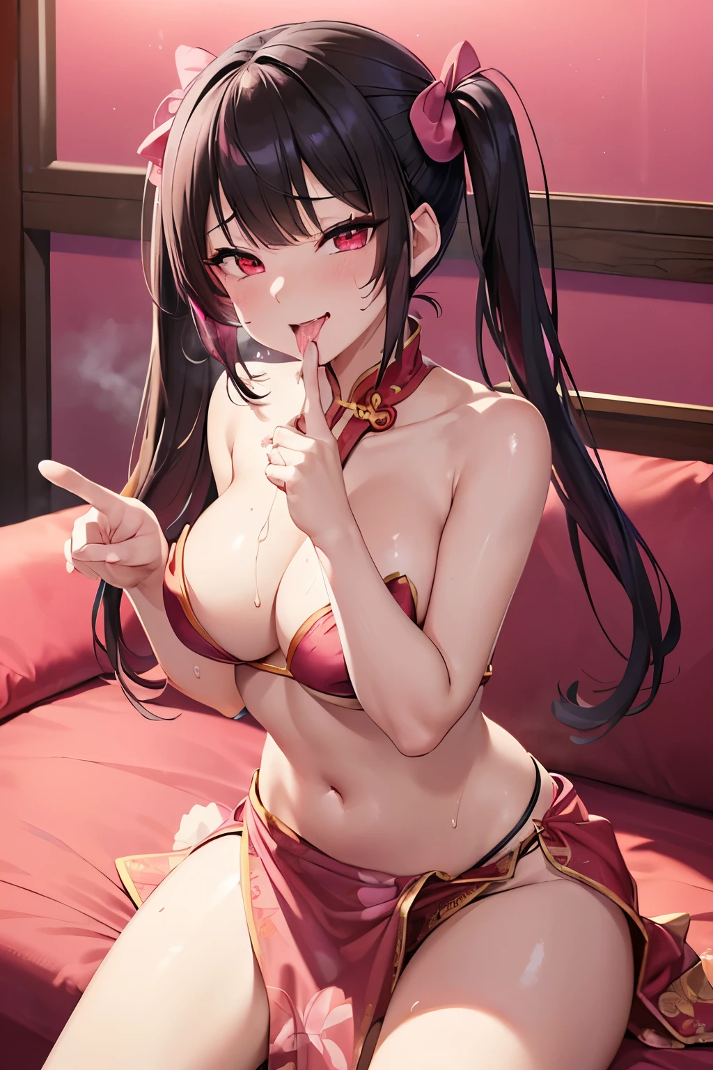 (masterpiece、highest quality、Very detailed)、((1 girl))、Black Hair、Twin tails、Blunt bangs、Red eyes、Wicked Smile、Grin))、vapor 、((Red Chinese clothing)) 、No sleeve、Cowboy Shot、sit、((pink sarong))、scenery、fence、sofa、indoors、indoor、((Pink lighting:1.4))、Brown Skin、Super big 、(sweat,steam, Vulgarity、Oily skin:1.3、Oily skin), character: Naga (NIKKE)、(Blowjob gestures:1.3, Squint and open your mouth、ahegao face:1.3)