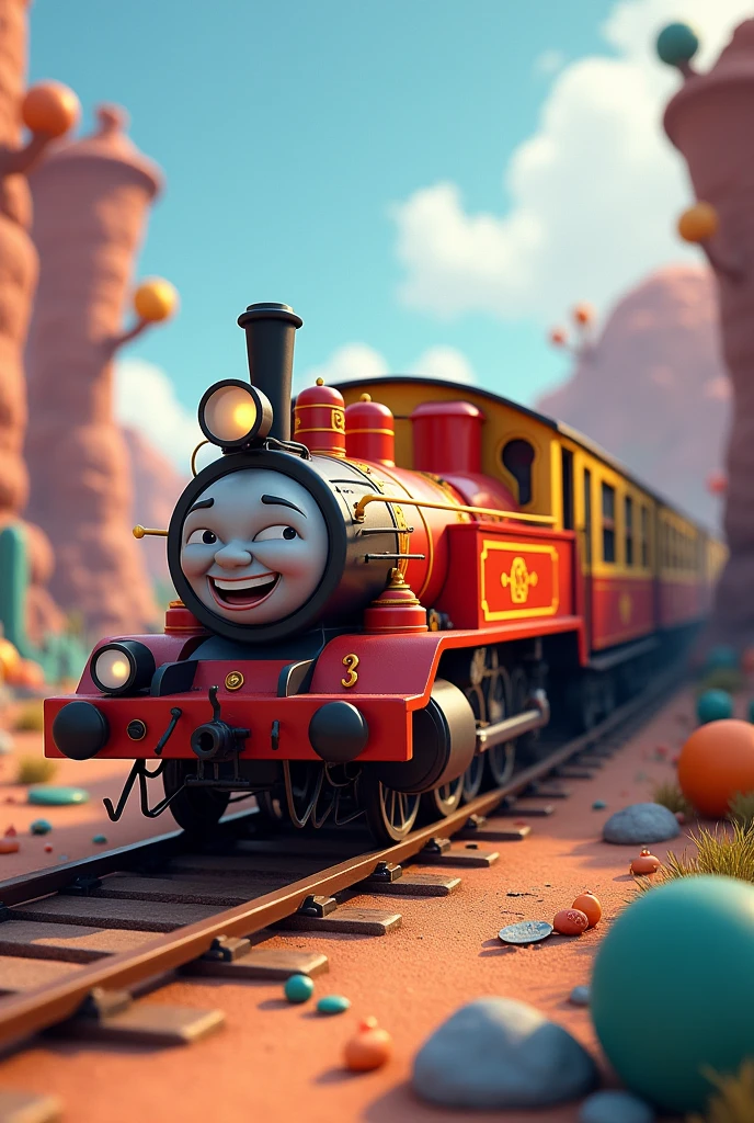 An animated train with 10 cars and that is on its side so that the cars can be seen