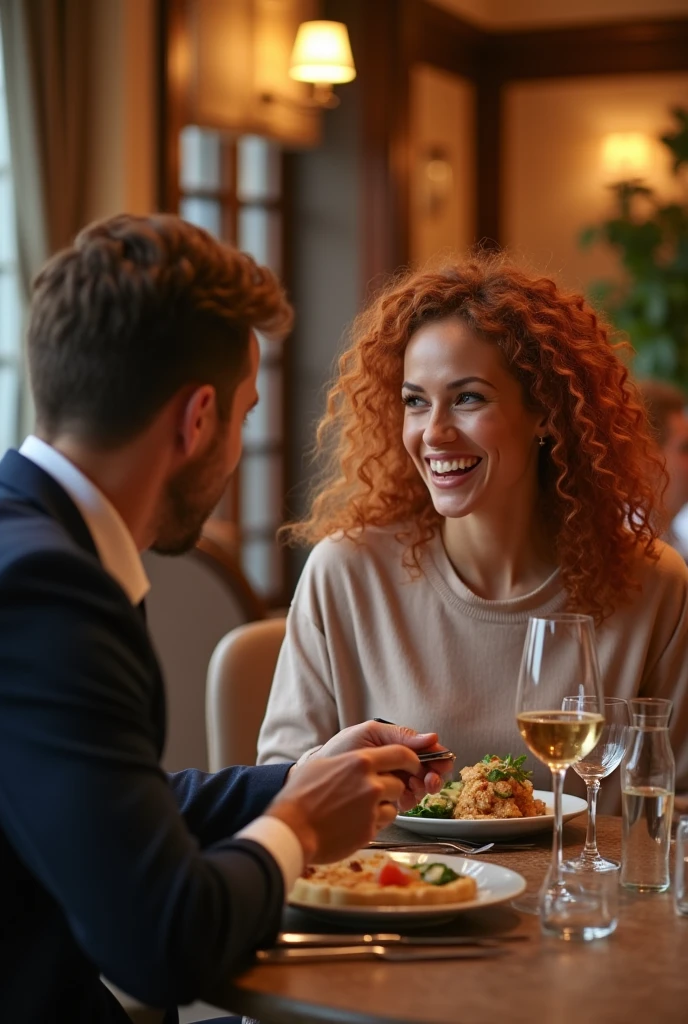 Woman with curly red hair eating in an expensive restaurant with a handsome man