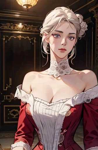 a scared victorian era woman in her early 30's wearing sexy red gown, cleavage, elegant updo, ballroom, straight white medium-length hair, striking purple eyes, detailed realistic portrait, photorealistic, hyperrealistic, 8k, detailed clothing, beautiful detailed eyes, beautiful detailed lips, extremely detailed face, intricate ornate details, cinematic lighting, dramatic shadows, cool color tones, indoor lighting, highly detailed, masterpiece, artstation, sharp focus, hyper detailed, half body