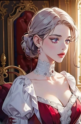 a scared victorian era woman in her early 30's wearing y red gown, clelegant updo, ballroom, straight white medium-length hair, striking purple eyes, detailed realistic portrait, photorealistic, hyperrealistic, 8k, detailed clothing, beautiful detailed eyes, beautiful detailed lips, extremely detailed face, intricate ornate details, cinematic lighting, dramatic shadows, cool color tones, indoor lighting, highly detailed, masterpiece, artstation, sharp focus, hyper detailed, half body