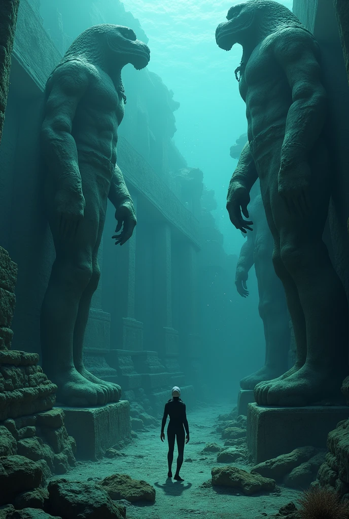 A diver swimming forward discovers the ruins of an ancient submerged city. The statues of marine guardians