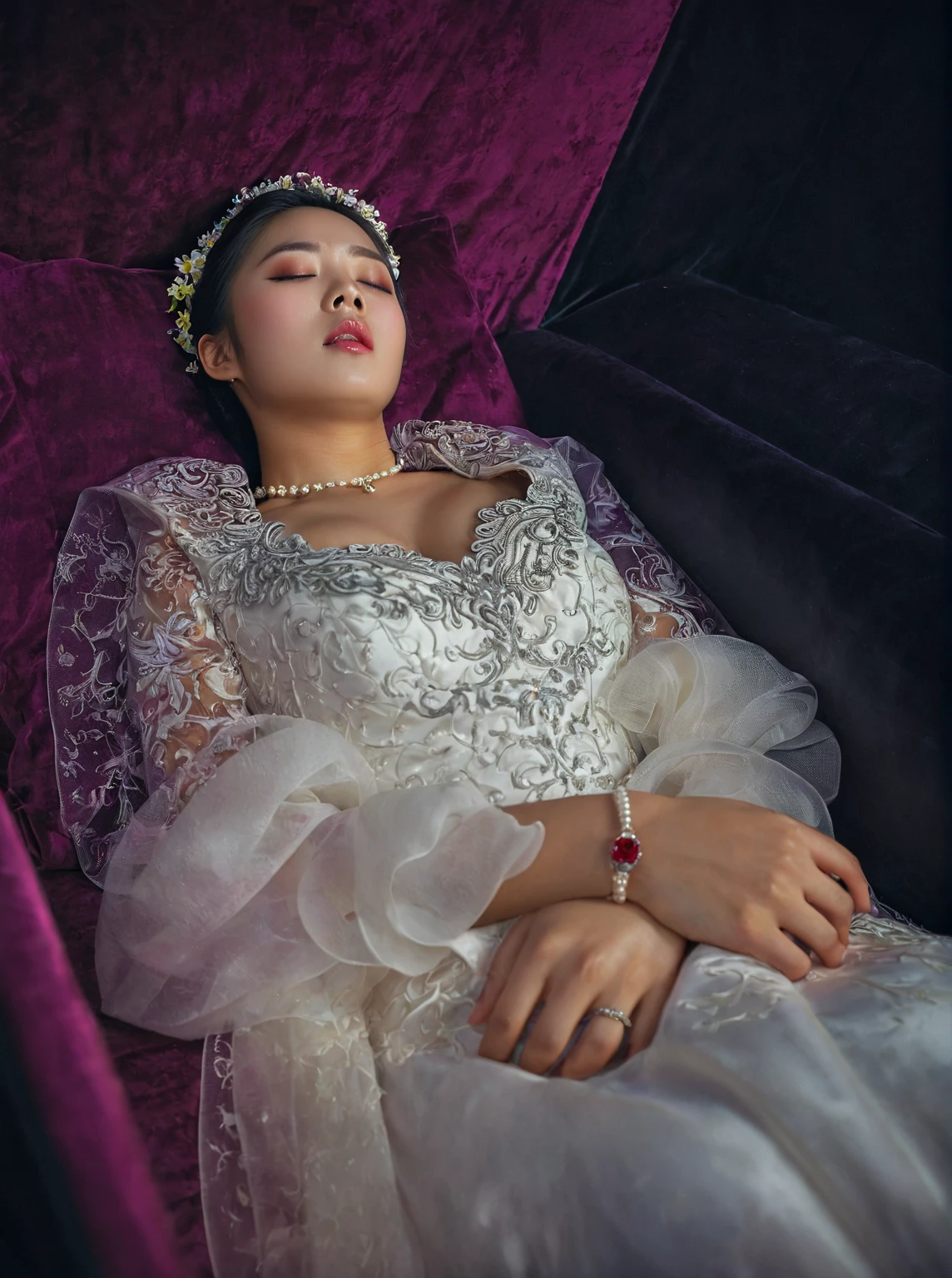 In a striking 8K HDR scene, a stunning Korean woman, 22 years old, lies peacefully in a coffin and coffin cover surrounded by plush pillows behind head. The deep box is set against a rich black background, accentuating the beauty of the subject. Her exquisite deep-V neckline kebaya attire is embroidered with superb detail, showcasing her round and firm breasts, perfect cleavage, and beautiful eyebrows. Her closed eyes and mouth give an air of serenity, while her visible and absolute cleavage leave nothing to imagination. The scene is bathed in saturated colors, highlighting every intricate aspect from the ball skirt to her clean face, straight body, detailed hand perfect hands, straight body, own hands together, own hand on stomach, detailed hands, perfect hands, holding the flowers.