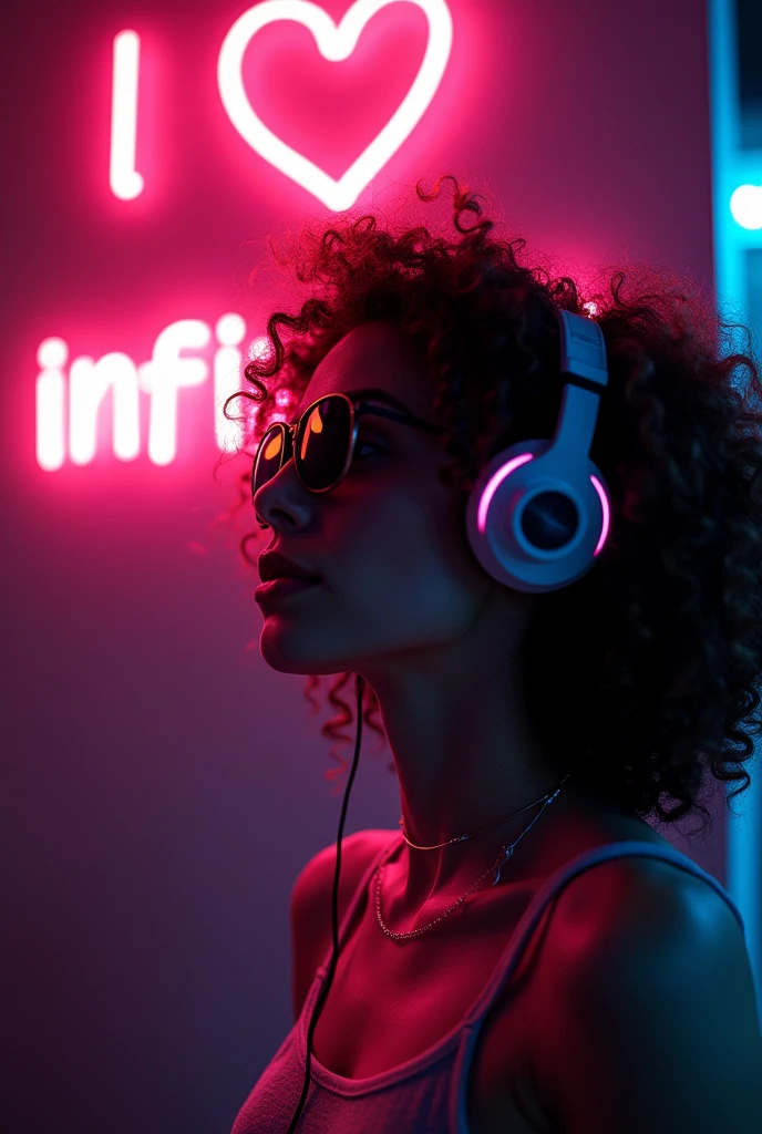 Brown hair . beautiful woman with curly hair Volume and sunglasses in headphones - earphone ,background,neon cyberpunk surrounding a dark room ,neon glow at night,In the room the sign glows and shimmers in neon light"I love infinity",Anime style,Beautiful colors,Living picture,masterpiece,detailing,scale