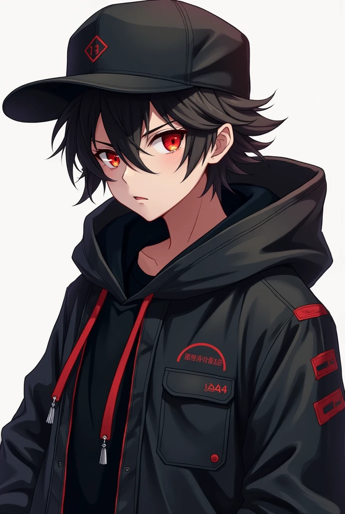 Solo leveling art style boy with black cap and red eyes full body wearing black jacket and black hood