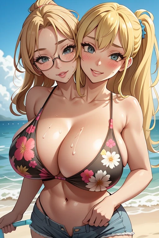 2heads, a skinny woman with 2 heads. She is outside at the beach. She is wearing a floral bikini top, wearing shorts. She has blonde hair in a ponytail. Deep cleavage. She looks young. She is blushing. Wearing sunglasses. Sucking on a Popsicle. She looks seductive and lustful. She has gigantic breasts. She is tall. Young, gorgeous face. Hard nipples. Happy, smiling. Huge lips, giant perky lips. Sweaty, covered in sweat.