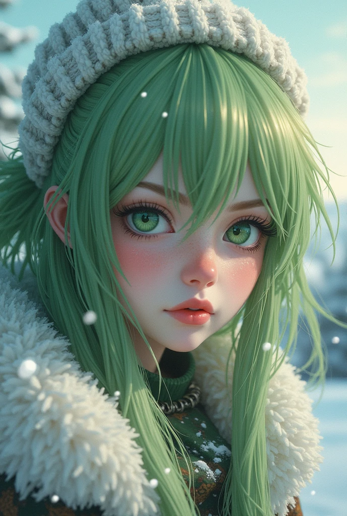 vintage style fantasy, masterpiece, magnificent art, best quality, 1girl, close-up girl nordic princess, Scandinavian mountains, winter weather, symmetrical and hyper detailed face, silky skin like peach silk, vibrant and aggressive green eyes, white and messy hair up to the waist, sculptural body, (sparks: 0.7), Adobe Illustration the girl has a green hair and she look like Inko Midoriya