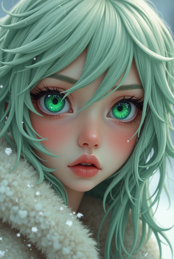 vintage style fantasy, masterpiece, magnificent art, best quality, 1girl, close-up girl nordic princess, Scandinavian mountains, winter weather, symmetrical and hyper detailed face, silky skin like peach silk, vibrant and aggressive green eyes, white and messy hair up to the waist, sculptural body, (sparks: 0.7), Adobe Illustration the girl has a green hair and she look like Inko Midoriya