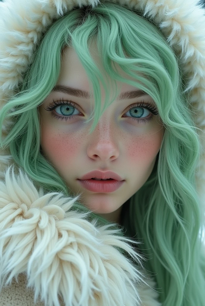 vintage style fantasy, masterpiece, magnificent art, best quality, 1girl, close-up girl nordic princess, Scandinavian mountains, winter weather, symmetrical and hyper detailed face, silky skin like peach silk, vibrant and aggressive green eyes, white and messy hair up to the waist, sculptural body, (sparks: 0.7), Adobe Illustration the girl has a green hair and she look like Inko Midoriya