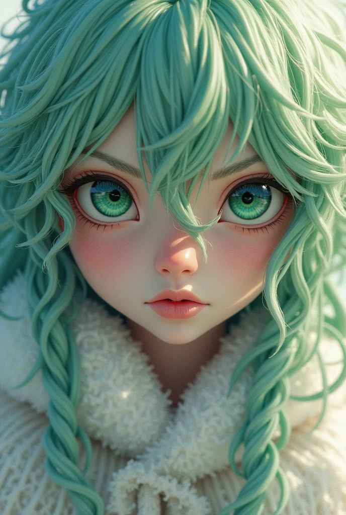 vintage style fantasy, masterpiece, magnificent art, best quality, 1girl, close-up girl nordic princess, Scandinavian mountains, winter weather, symmetrical and hyper detailed face, silky skin like peach silk, vibrant and aggressive green eyes, white and messy hair up to the waist, sculptural body, (sparks: 0.7), Adobe Illustration the girl has a green hair and she look like Inko Midoriya