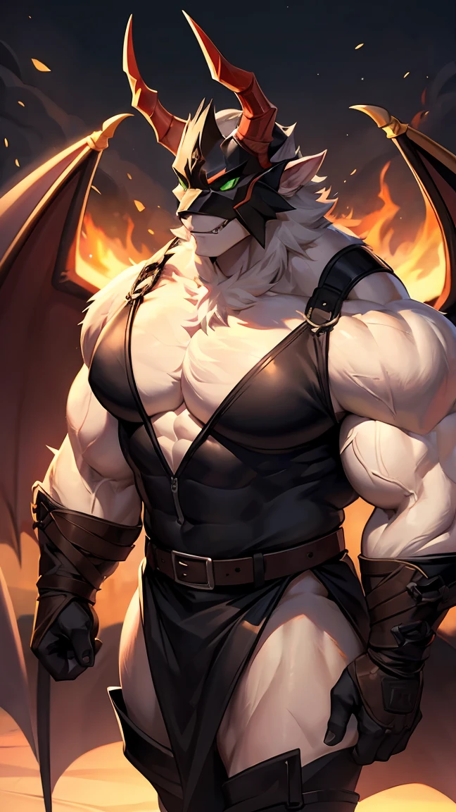 Huge muscles,Devilish wings,Devilish horns,black costume,Green Eyes,Eye-only mask,Bell on chest