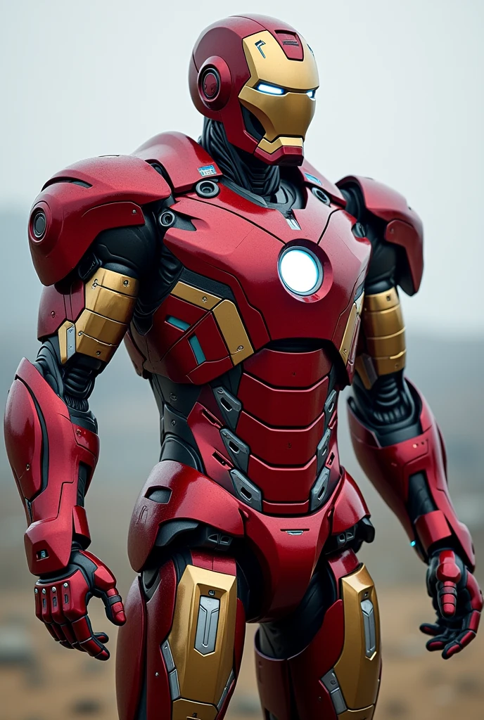 Robot, metallic, red and black, futurist, MEGATON, IRON MAN, FLAMENGO SHIELD ON THE CHEST, canons, standing, FROM HEAD TO TOE, Stately, manly, the way you want,
