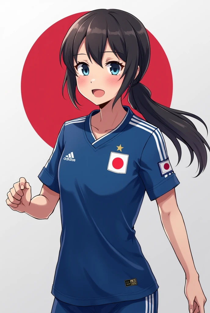 20th Generation.woman.Japan National Football Team.Wearing a Samurai blue uniform.One person.anime.Rectangular Japanese flag on left chest.Adidas logo on left chest