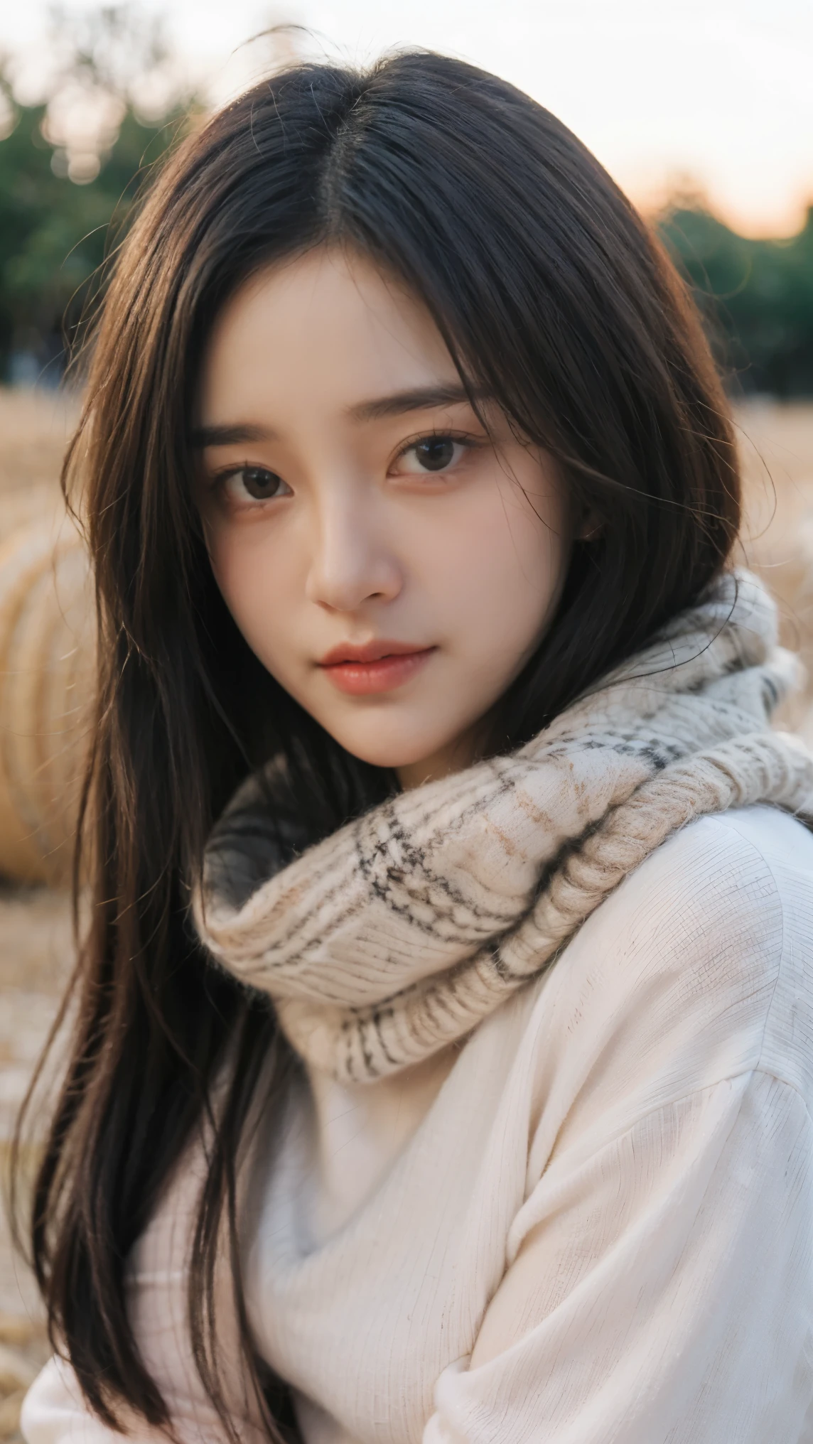 masterpiece, best quality, ultra-realistic, cute young woman, Korean idol, heart-shaped face, large almond eyes, silky black hair styled in soft waves, small rosy lips, warm and inviting smile, wearing a cozy knit sweater with a plaid scarf, standing in a field with autumn foliage, pumpkins and hay bales around, golden hour lighting creating a soft warm glow, detailed facial features, soft shadows, blurred background with colorful trees and harvest decorations, autumn harvest festival theme, 85mm lens, portrait photography