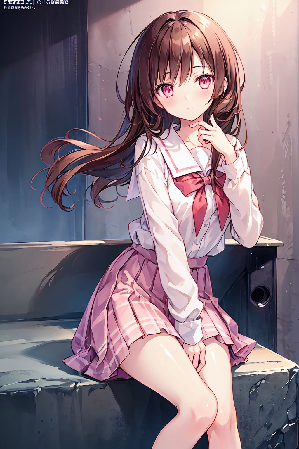 Brown Hair Color,Pale pink eyes,apricot pink school top,Check skirt,Kind girl,((Highest quality)), (Very detailed), (High-definition CG synthesis 8k wallpaper), 高いly detailed, 高い-definition raw colbor photos, Professional photography, Written boundary depth,
