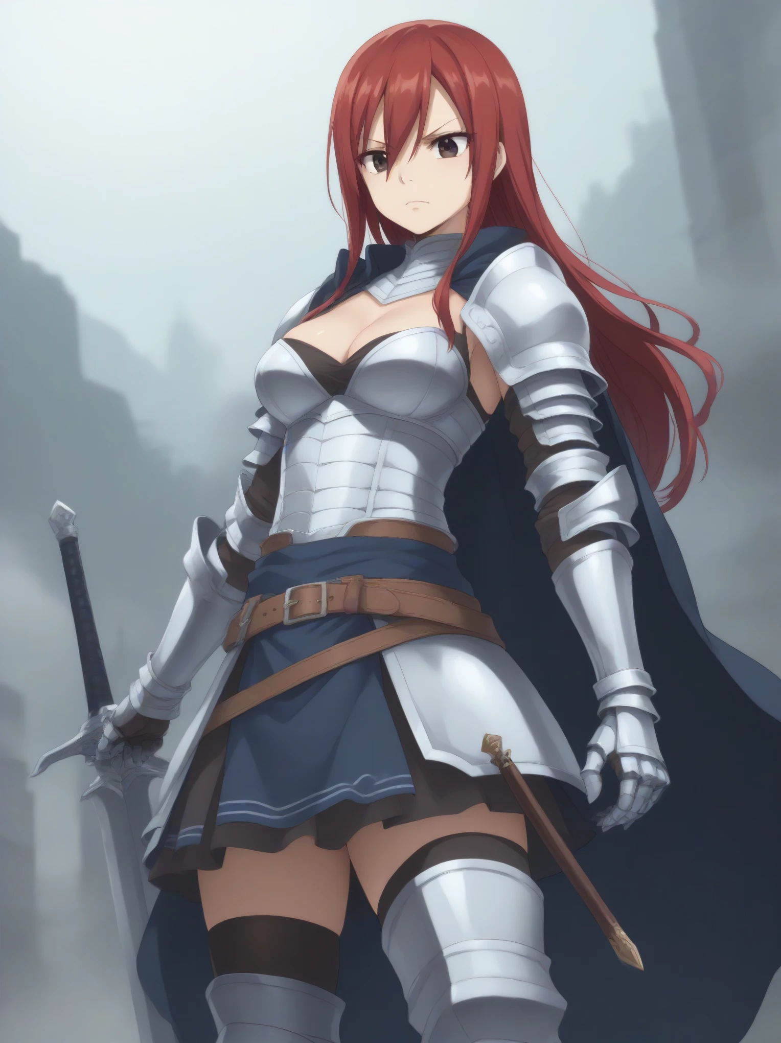 erza scarlet, long hair, red hair, hair between eyes, brown eyes, skirt, thighhighs, cleavage, boots, belt, sword, cape, armor, gauntlets, armored boots, greaves, knight,