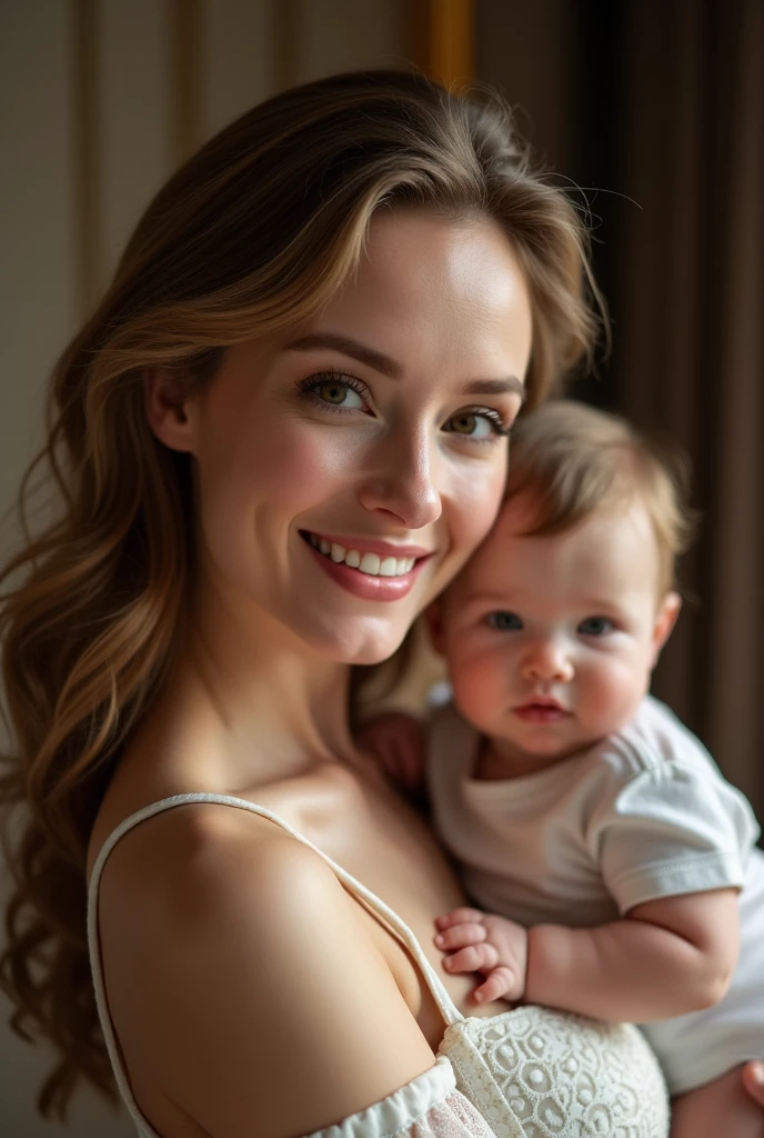 (Highest quality、Tabletop、8k、Best image quality、Award-winning works)、(mother holding her baby:1.1)、Accentuate your body lines、Ultra HD Hair、Ultra high resolution perfect beautiful teeth、The most beautiful smile is looking at me、Ultra-high definition beauty face、Ultra HD Hair、Ultra HD Shining Eyes、Shining ultra-high definition white skin、Super high quality glossy lip、(Accurate anatomy:1.2)、(Extremely blurred luxury hotel bedroom background:1.1)、(Strongly blurred background:1.1)、Luxury wall decor、Luxury Interior、(Royal VIP bedroom in the finest hotel:1.2)、(Moody and luxurious lighting:1.1)