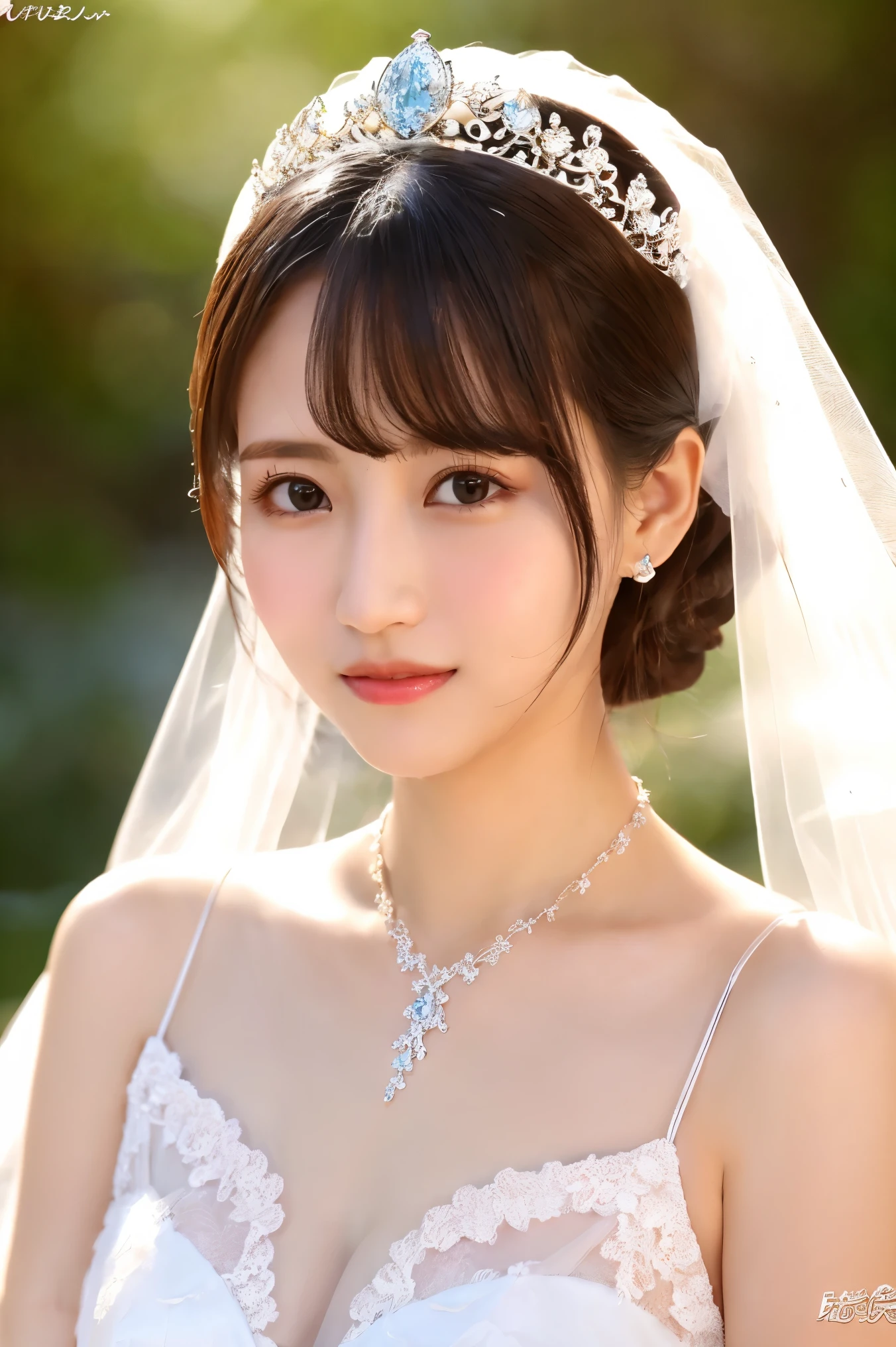 (Highest quality、Tabletop、8k、Best image quality、Award-winning works)、Beautiful Bride、(alone:1.1)、(The most extravagant and gorgeous huge pure white wedding dress:1.2)、(Perfect Wedding Lace:1.2)、(The most gorgeous and luxurious giant tiara:1.3)、(The most extravagant and luxurious giant necklace:1.3)、The finest jewellery decoration、Perfect Makeup、Long eyelashes、Ultra HD Shining Eyes、Ultra HD Hair、Ultra High Resolution Glossy Lips、Beautiful face in ultra-high definition、(Accurate anatomy:1.1)、Very bright and beautiful skin、very bright and vivid、Perfect beautiful bridal hairstyles、(Front facing body:1.1)、(The most refreshing and beautiful forest background:1.1)、(Small breasts:1.1)、(Small breastsの谷間:1.1)、(Perfect beautiful bridal photos:1.1)、Cute Smile、(Face close-up:1.1)