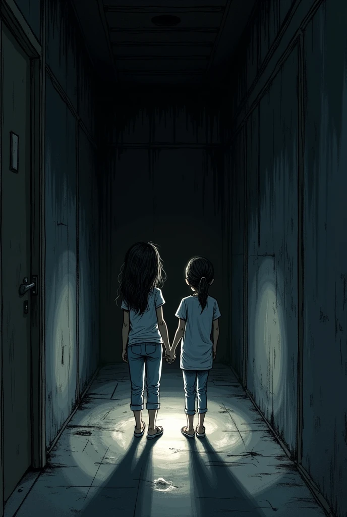 Sketch of a girl in a dark hallway shining a flashlight with her best friend in front of her
