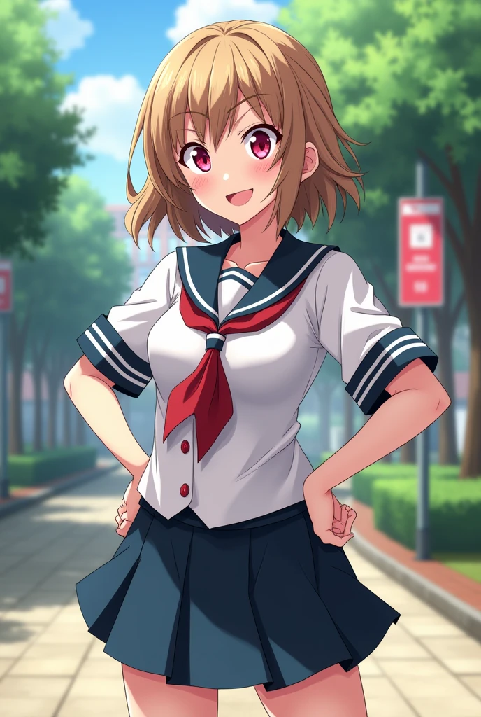 Female character from my hero academia (Light brown hair, carmine colored eyes, rude personality, big breasted, little but noticeable fat in the abdomen, short girl in UA uniform)