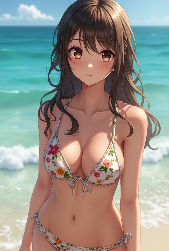 score_9、score_8_upper、score_7_upper、sauce_アニメ、High-resolution images、masterpiece、Highest quality、Orthodox beautiful girl、Cute Face、Beautiful Skin、Her breast size is E cup、Shiny Hair、Brown Hair、Highly detailed eyes、Ocean Background、Floral Bikini、Looking at me on all fours
