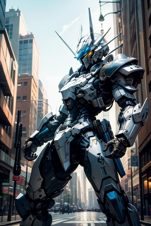 solo, Highres, black armor, holding gun, pointing at viewer, city background, male, mecha