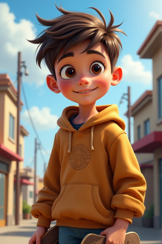 A  boy, Tez blanca, quite big eyes, tiny button nose, Brown hair, Brown sweatshirt with logo in the center, pants and a skateboard