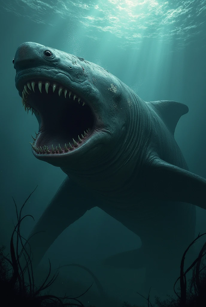 Mythical ,scary and horrible cross fusion of a whale and a shark swimming under the ocean with scary ocean background