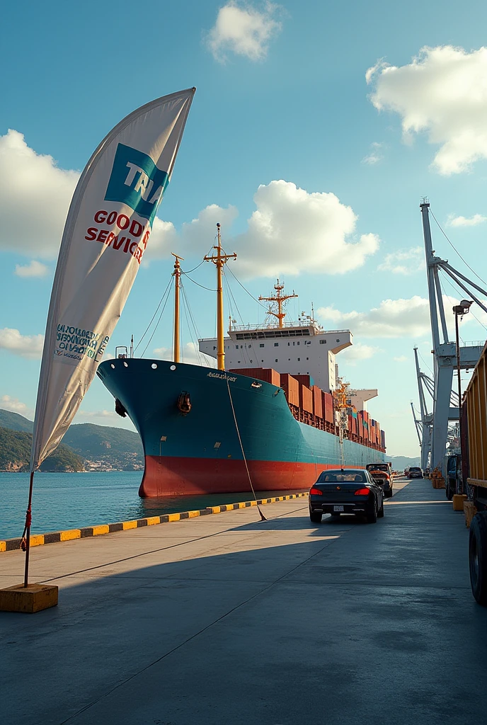 Cargo ship at customs dock in Nicaragua banner with legend TRADE GOODS AND SERVICES
