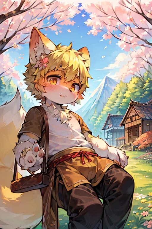 masterpiece,high quality,abstract res,number\(artwork\), From dagasi, Yes,Seizan,(Flower Charcoalo,Fluffy fur,character focus:1.1),Flower Charcoalo male cat,short hair,portrait , Bright eyes, panoramic, character focus.(Detailed background:0.7), solo, hairy, hairy male, Male focus, Masterpiece of time,high quality,abstract res,number\(artwork\), From dagasi, Yes,Seizan,(Flower Charcoalo,Fluffy fur,character focus:1.1),Human male fox,Bright eyes, panoramic, character focus.(Detailed background:0.6), solo, hairy, hairy male, Male focus, Flower Charcoal,(Hairy all over, Hairy tail)fur,A five-year-old boy,cute,Hip bulge,Toddler,Blood-red pupils,A tail with a white tip,The ends of the limbs are white,Cute meat pads,Claw,cute boys,The ear tips are orange,Big hairy ears,Hairy big tail,Reasonable composition,Pale yellow hair,adventurer clothing,Brown cloth bag,In the woods,Extremely fine water,White loincloth,Slightly reddened,Dress coolly,Blonde short hair,Thin children,Blonde hair,cute child,cute little adventurer,Be open-minded,Ultra-clear, smile.