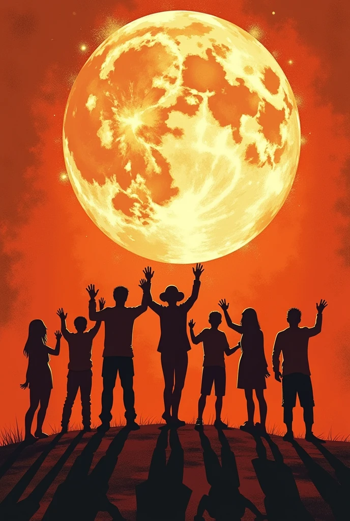 an image of 7 shadows of people reaching for an object asia above