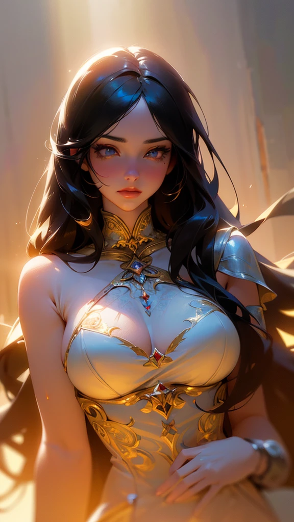 a beautiful girl with long black hair, beautiful detailed eyes, beautiful detailed lips, beautiful detailed face, large breasts, intricate and highly detailed, 8k, hyper realistic, photorealistic, masterpiece, cinematic lighting, dramatic lighting, soft lighting, warm color tones, magical fantasy, ethereal, elegant, serene, captivating, emotive