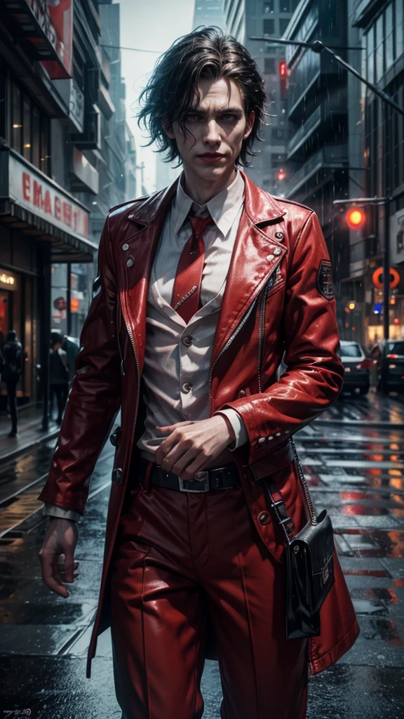 joker in the rain with a red and white outfit, 4k concept art and hyper realism, hyper real render, 8k render”, cgsociety uhd 4k highly detailed, 3d render trending on artstation, photorealistic dark concept art, trending on art station 4k, horror cgi 4 k, 3 d render character art 8 k, hyperrealistic concept art--Shot with Canon EOS Rebel T7, Manual mode (M), shutter speed of 8-15 seconds,  aperture f/8.8, ISO 200. Shot with Canon EOS Rebel T7, Manual mode (M).