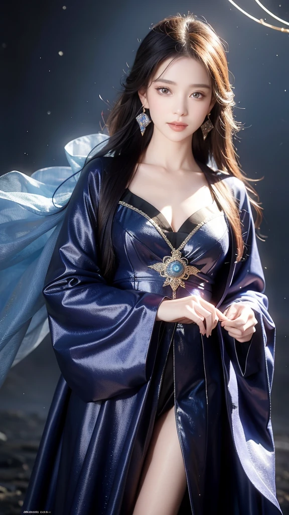 ((facing front:1.5)),Female fortune teller. Attractive, beautiful and mysterious. She wears a blue cloak and has distinct features. The atmosphere is bright and sparkling, full of anxiety and anticipation. A fortune teller is standing there. The body is facing forward. he is looking at you He holds a crystal ball in his right hand. The lighting in the room is bright, creating a magical atmosphere. Best picture quality, 4k or 8k resolution. The level of detail is very detailed and realistic, close to photorealism. Artistic style should reflect an official aesthetic with bright colors and strong contrasts. The color palette should emphasize the mystical and mystical theme of the work. The fortune teller's cloak is decorated with metal edging with a thickness ratio of 1.5 and intricate designs. The overall atmosphere is magical, like a starry sky. The expression on the fortune teller's face should arouse mystical interest.