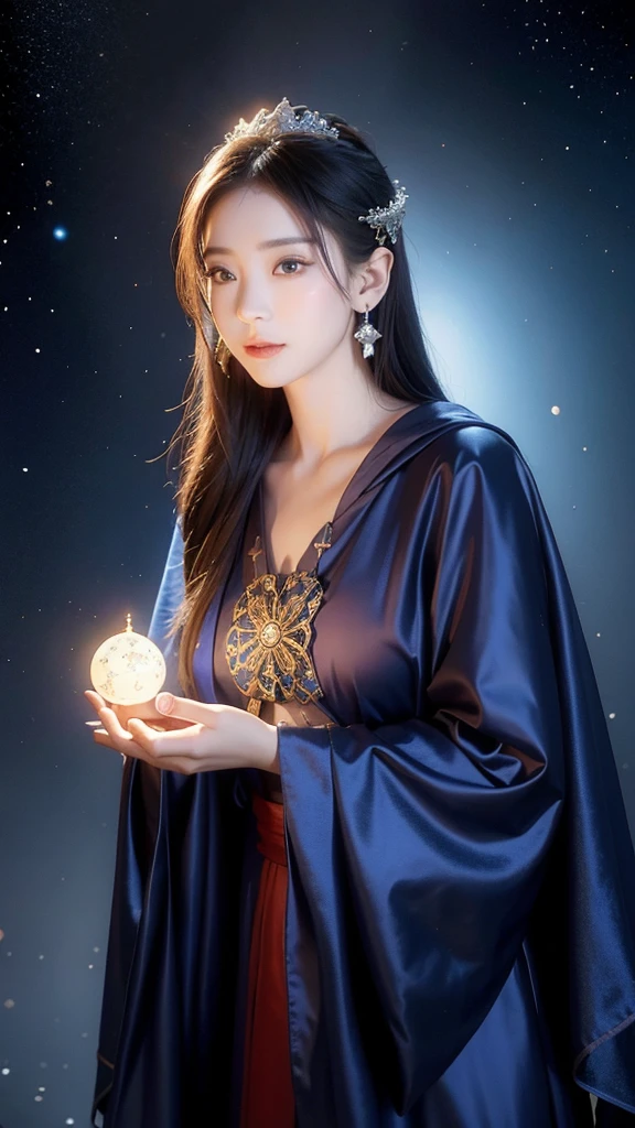((facing front:1.5)),Female fortune teller. Attractive, beautiful and mysterious. She wears a blue cloak and has distinct features. The atmosphere is bright and sparkling, full of anxiety and anticipation. A fortune teller is standing there. The body is facing forward. he is looking at you He holds a crystal ball in his right hand. The lighting in the room is bright, creating a magical atmosphere. Best picture quality, 4k or 8k resolution. The level of detail is very detailed and realistic, close to photorealism. Artistic style should reflect an official aesthetic with bright colors and strong contrasts. The color palette should emphasize the mystical and mystical theme of the work. The fortune teller's cloak is decorated with metal edging with a thickness ratio of 1.5 and intricate designs. The overall atmosphere is magical, like a starry sky. The expression on the fortune teller's face should arouse mystical interest.