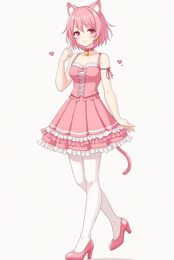 (PastelColors:1.3)、(Cute illustration:1.3)、 (pink and white theme:1.5), (fake pink cat ears:1.4), (tweed pink strapless short camisole with lace-up:1.4), ((bare shoulder, navel, bare belly):1.3), (shoulder strap with ruffles:1.4), (tweed micro pink tiered skirt with ruffles:1.4), (white pantyhose:1.2), (pink choker with bell:1.3), (earrings with bell:1.2), (pink heeled pumps:1.1),