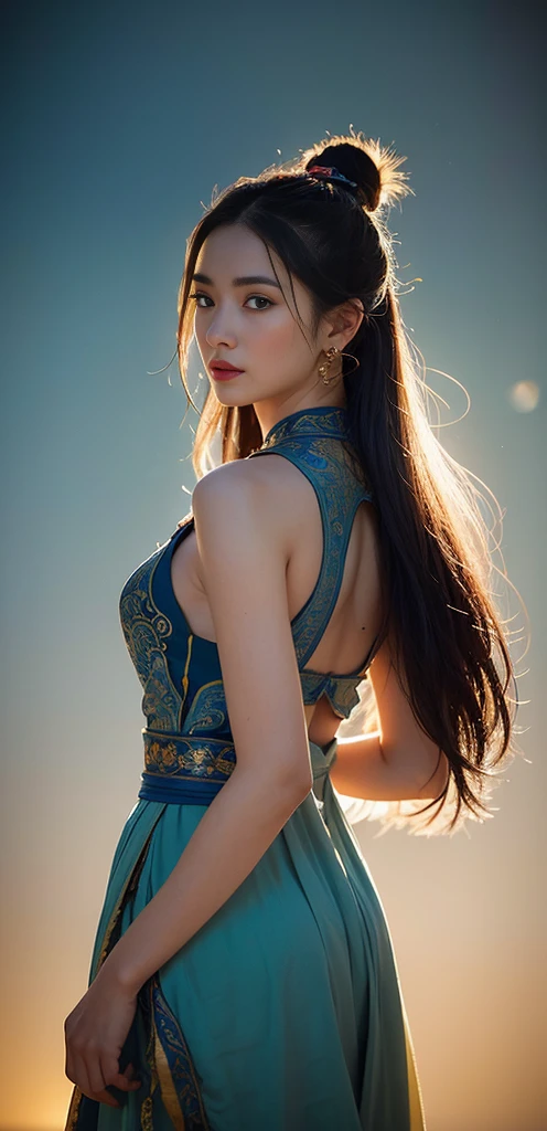 1girl, Dunhuang Flying Apsaras costume, messy long hair, Ji Jian, Dunhuang style, a lot of smoke, superb, elegant colors, (realistic, high detail, masterpiece, super detailed, dynamic angle, mural background, ink wash, amazing, movie lighting, illustration, chiaroscuro, backlighting, god rays, holland, best quality, best quality