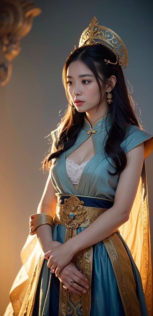 1girl, Dunhuang Flying Apsaras costume, messy long hair, Ji Jian, Dunhuang style, a lot of smoke, superb, elegant colors, (realistic, high detail, masterpiece, super detailed, dynamic angle, mural background, ink wash, amazing, movie lighting, illustration, chiaroscuro, backlighting, god rays, holland, best quality, best quality