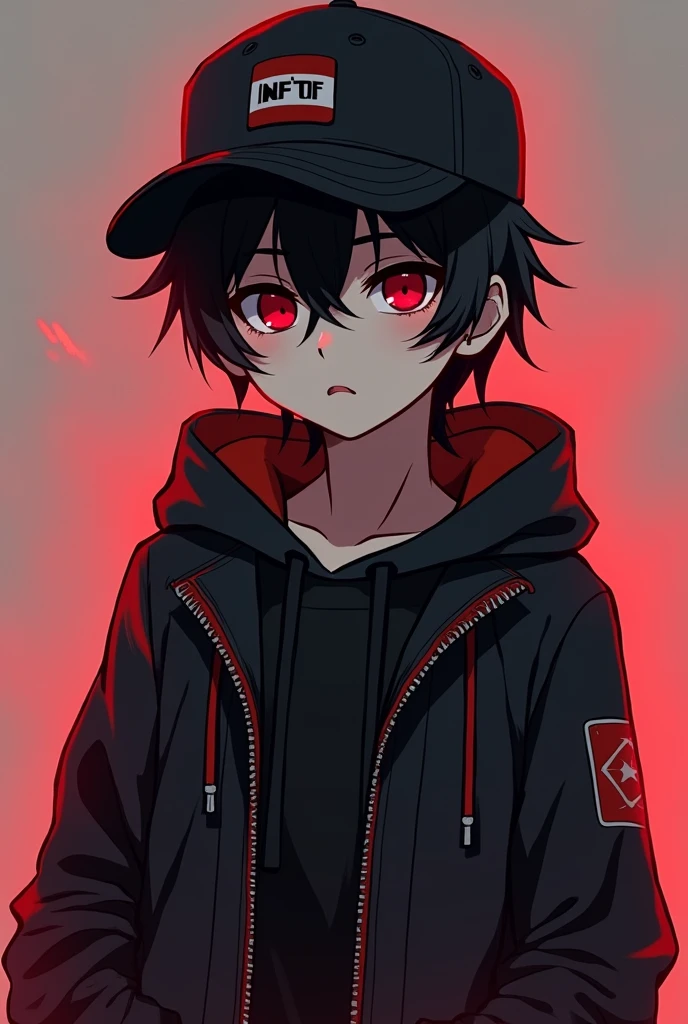 solo art leveling boy with black cap and red eyes full body wearing black jacket and black hood 
