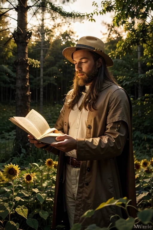 Main Scene:
bottom: A clearing in a medieval forest, with tall trees and a golden sunset on the horizon.
mike: A young traveler dressed in medieval clothing, with a light coat and a wide-brimmed hat. He has a scroll and a quill in his hands..
Mystic Sunflower: In the center of the clearing, a gigantic, radiant sunflower with golden petals that shine with a magical light. Perhaps with an aura or glow to highlight its mystical aspect.
Guardian: An old figure with a golden beard, partially transformed from sunflower. Este anciano está emergiendo de la flor o parece estar en comunicación con mike.
Additional Details:
Magical Whispers: Podrías incluir ondas o líneas suaves de luz que sugieren el susurro del sol saliendo del girasol hacia mike.
Environment: A forest background with warm sunset tones, highlighting the golden glow of the sunflower and creating a magical and cozy atmosphere.
With these descriptions, An illustrator could create an image according to your vision. I hope you find this idea useful for your project.!